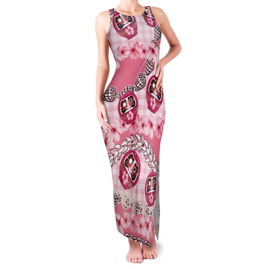 Japanese Daruma Doll Palaka Tank Maxi Dress Cherry Blossoms With Shell Lei - Polynesian Pride