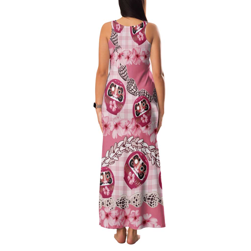Japanese Daruma Doll Palaka Tank Maxi Dress Cherry Blossoms With Shell Lei - Polynesian Pride