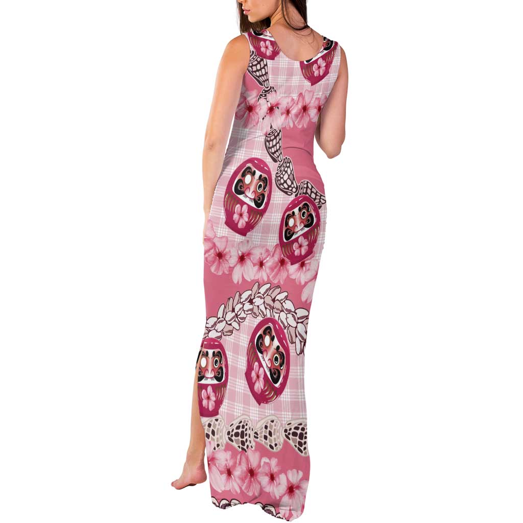Japanese Daruma Doll Palaka Tank Maxi Dress Cherry Blossoms With Shell Lei - Polynesian Pride