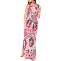 Japanese Daruma Doll Palaka Tank Maxi Dress Cherry Blossoms With Shell Lei - Polynesian Pride