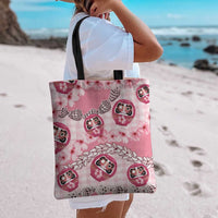 Japanese Daruma Doll Palaka Tote Bag Cherry Blossoms With Shell Lei - Polynesian Pride