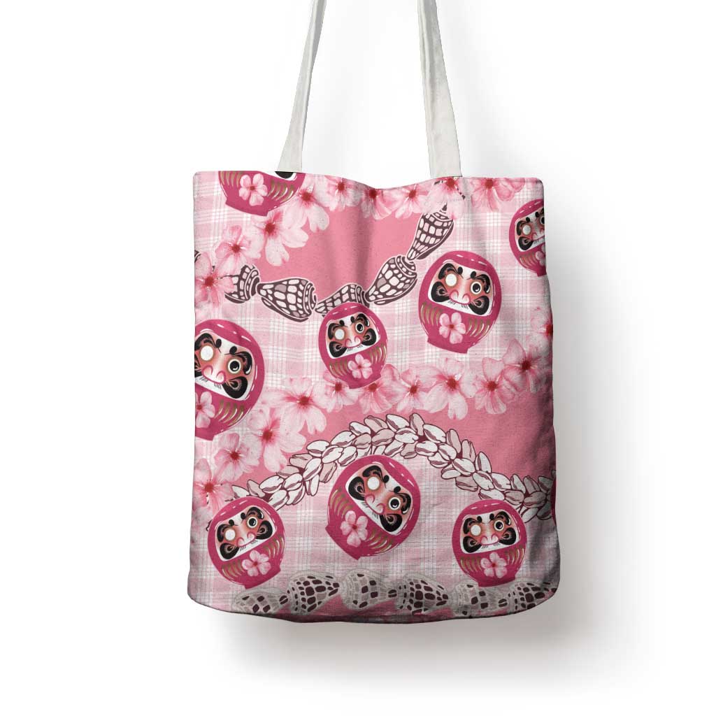 Japanese Daruma Doll Palaka Tote Bag Cherry Blossoms With Shell Lei - Polynesian Pride