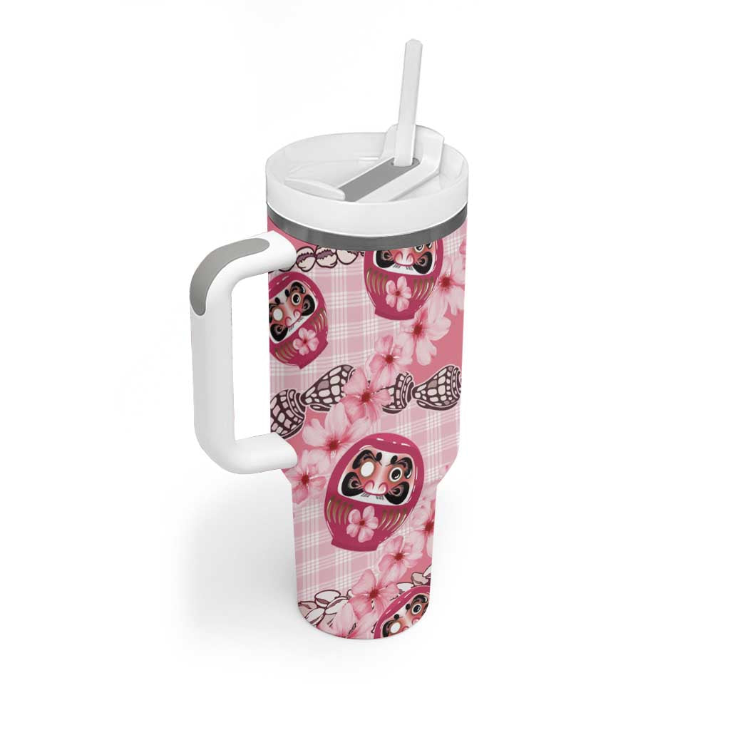 Japanese Daruma Doll Palaka Tumbler With Handle Cherry Blossoms With Shell Lei - Polynesian Pride