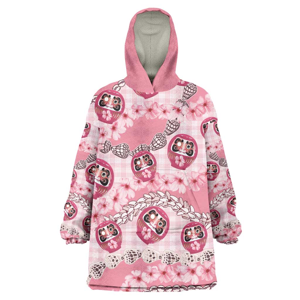 Japanese Daruma Doll Palaka Wearable Blanket Hoodie Cherry Blossoms With Shell Lei LT14 One Size Pink - Polynesian Pride