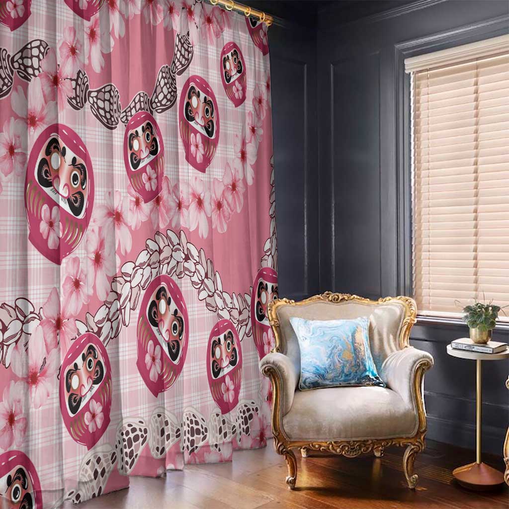 Japanese Daruma Doll Palaka Window Curtain Cherry Blossoms With Shell Lei - Polynesian Pride