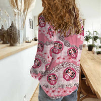 Japanese Daruma Doll Palaka Women Casual Shirt Cherry Blossoms With Shell Lei - Polynesian Pride