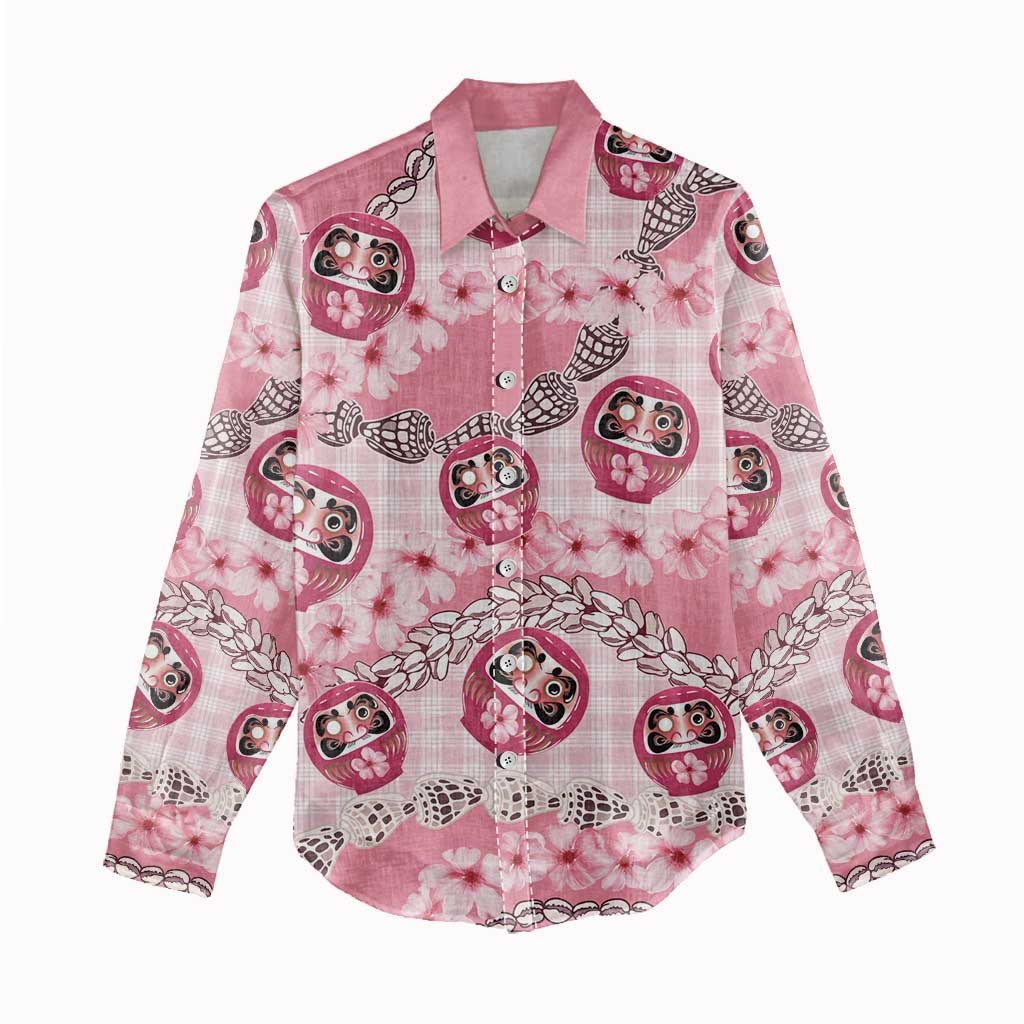 Japanese Daruma Doll Palaka Women Casual Shirt Cherry Blossoms With Shell Lei - Polynesian Pride