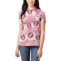 Japanese Daruma Doll Palaka Women Polo Shirt Cherry Blossoms With Shell Lei - Polynesian Pride