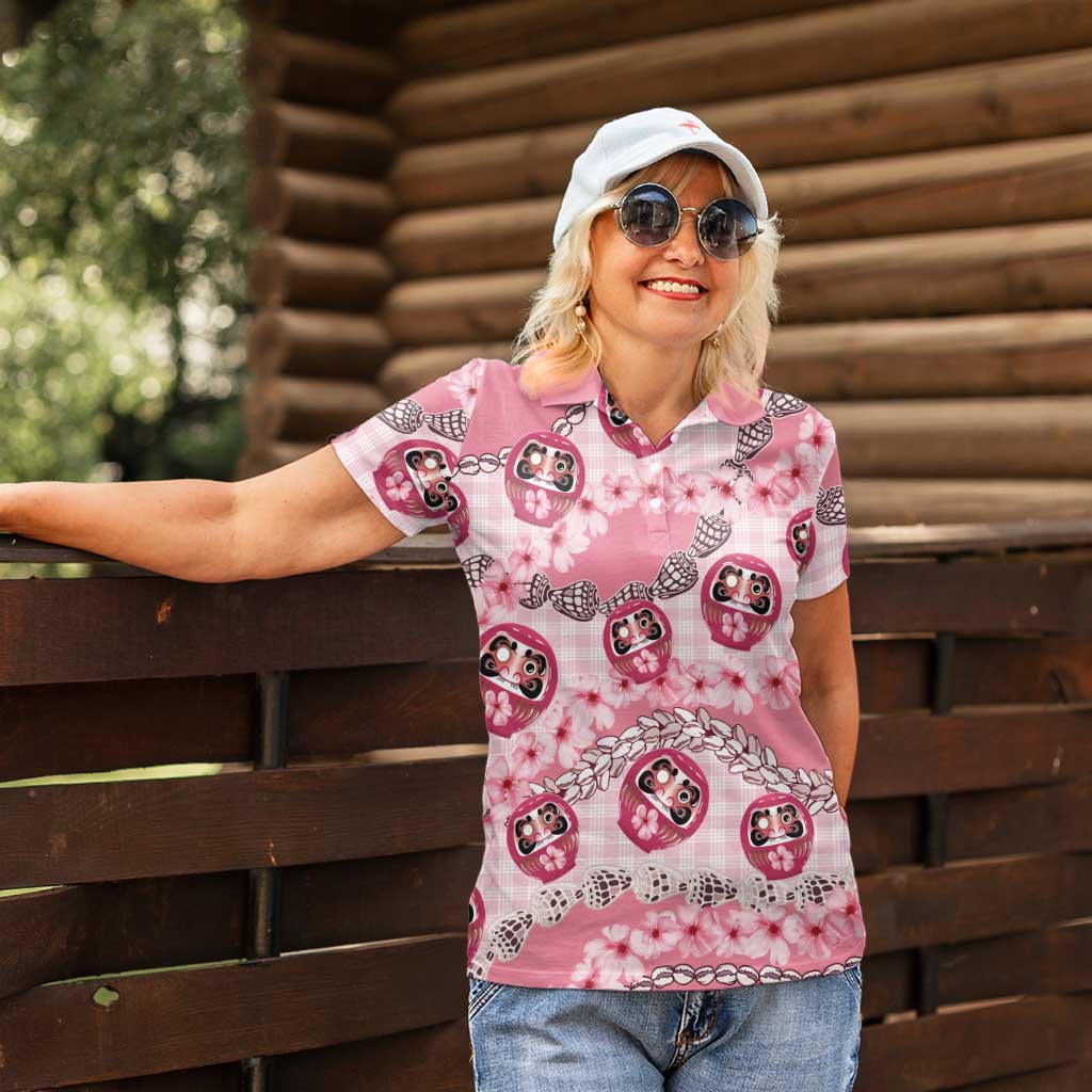 Japanese Daruma Doll Palaka Women Polo Shirt Cherry Blossoms With Shell Lei - Polynesian Pride
