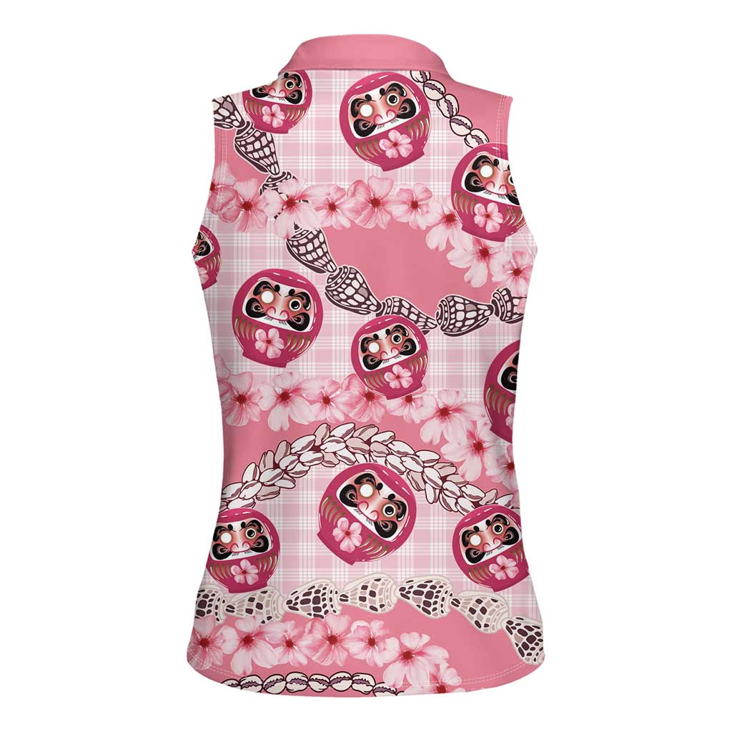 Japanese Daruma Doll Palaka Women Sleeveless Polo Shirt Cherry Blossoms With Shell Lei - Polynesian Pride