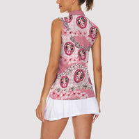 Japanese Daruma Doll Palaka Women Sleeveless Polo Shirt Cherry Blossoms With Shell Lei - Polynesian Pride