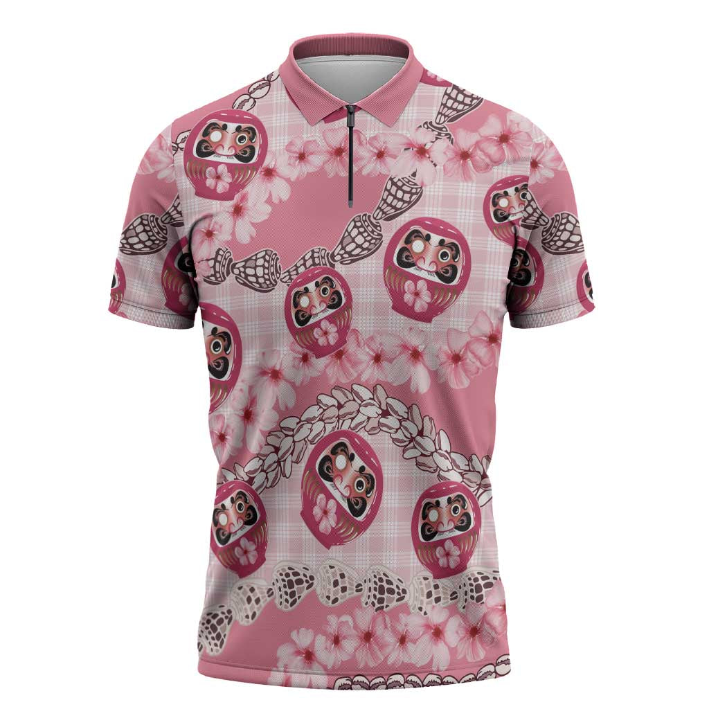 Japanese Daruma Doll Palaka Zipper Polo Shirt Cherry Blossoms With Shell Lei - Polynesian Pride