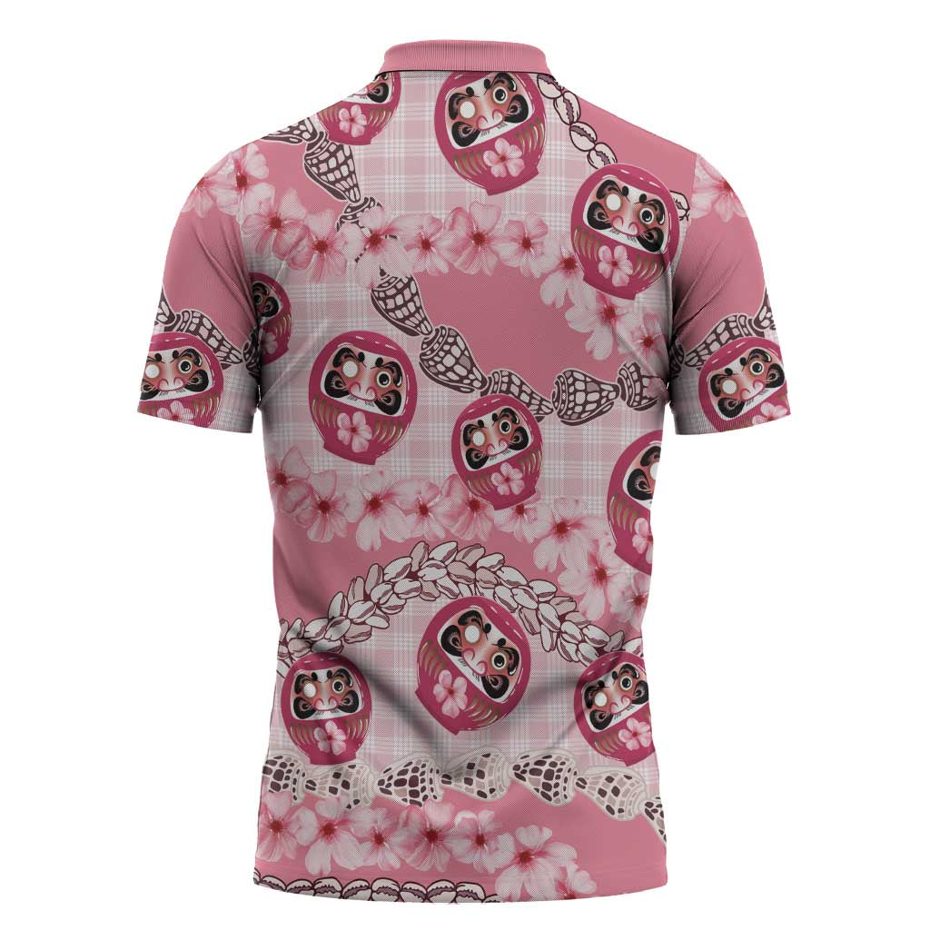 Japanese Daruma Doll Palaka Zipper Polo Shirt Cherry Blossoms With Shell Lei - Polynesian Pride