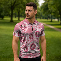 Japanese Daruma Doll Palaka Zipper Polo Shirt Cherry Blossoms With Shell Lei - Polynesian Pride