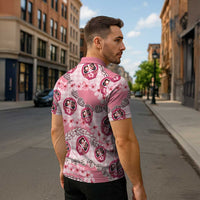 Japanese Daruma Doll Palaka Zipper Polo Shirt Cherry Blossoms With Shell Lei - Polynesian Pride