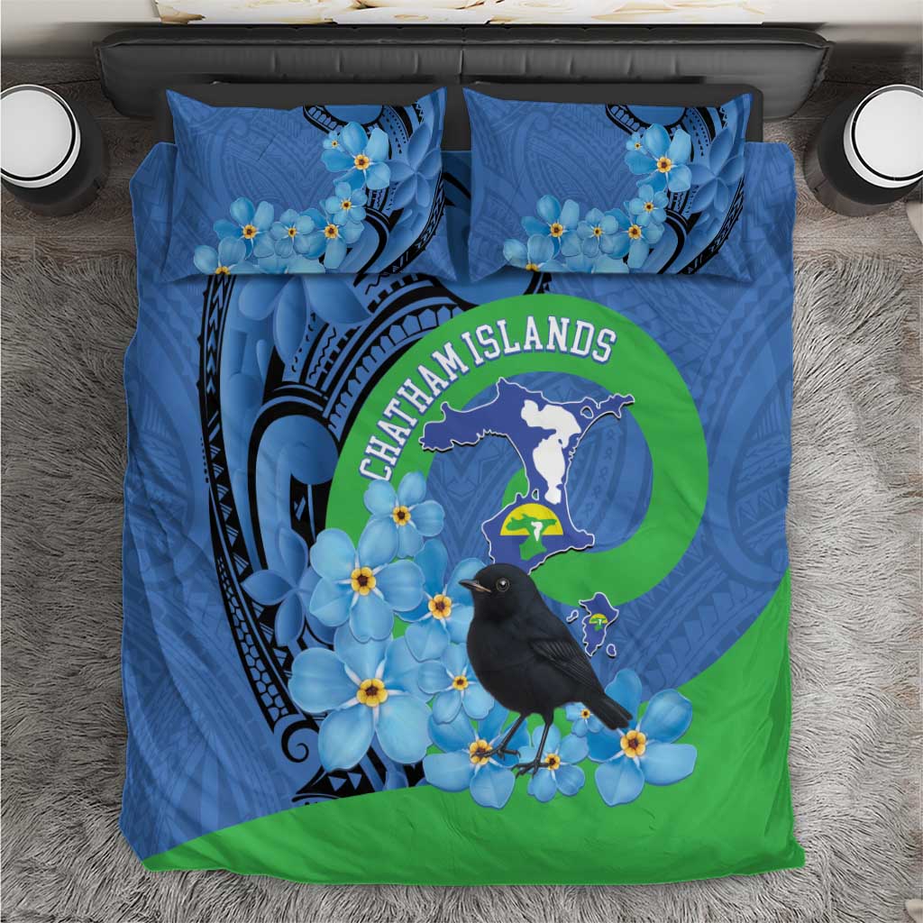 New Zealand Chatham Islands Bedding Set Wharekauri Forget Me Not With Black Robin LT14 Blue - Polynesian Pride