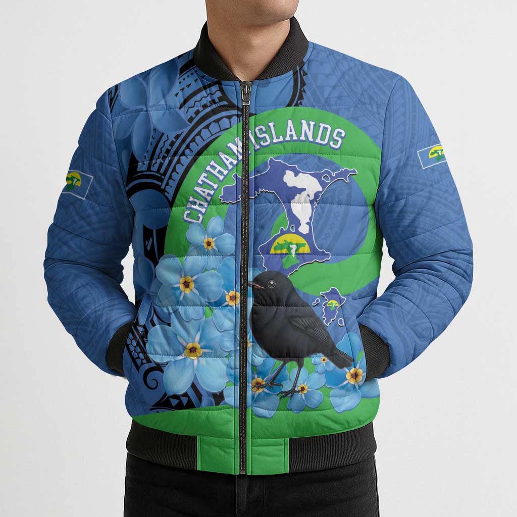 New Zealand Chatham Islands Bomber Puffer Jacket Wharekauri Forget Me Not With Black Robin - Polynesian Pride