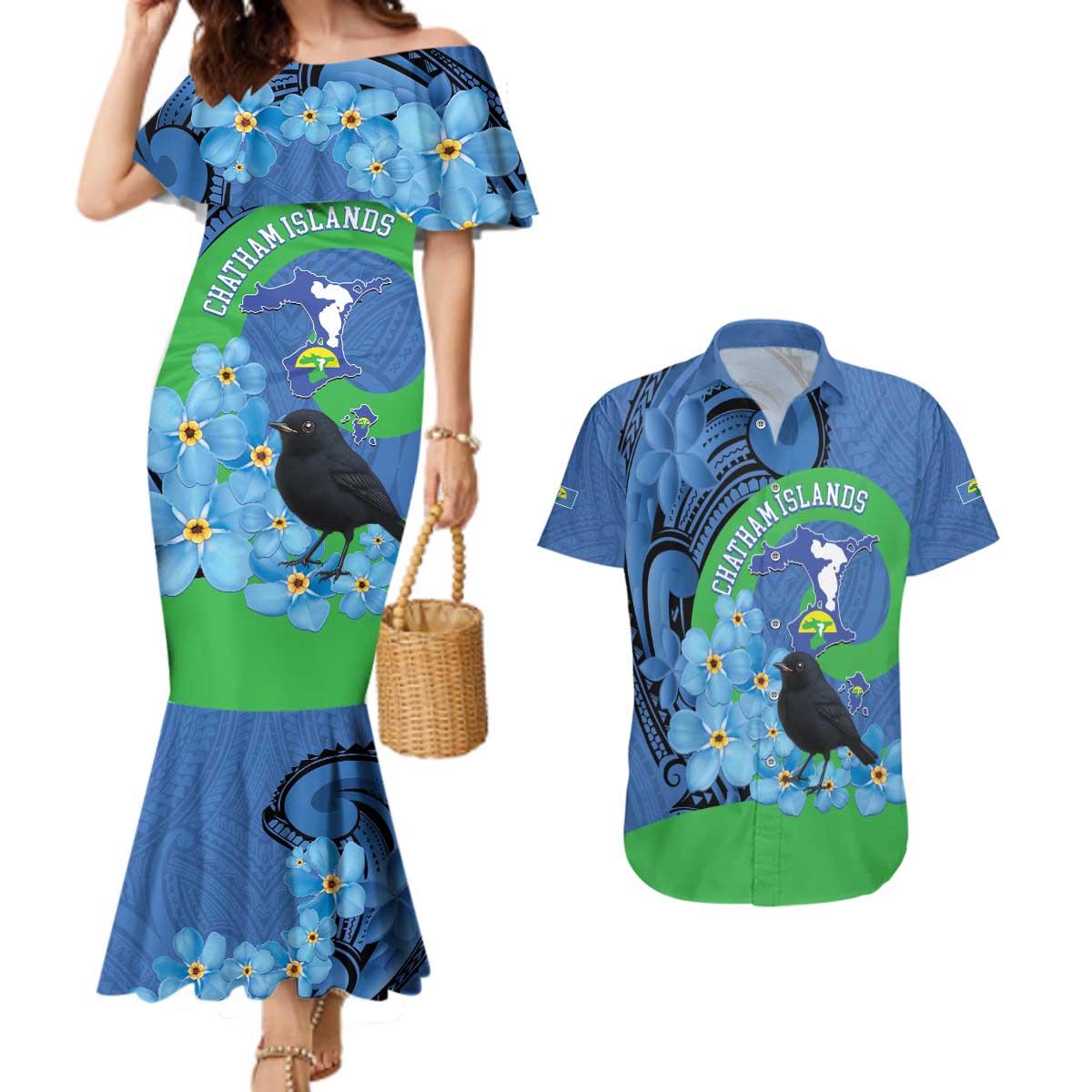 New Zealand Chatham Islands Couples Matching Mermaid Dress and Hawaiian Shirt Wharekauri Forget Me Not With Black Robin