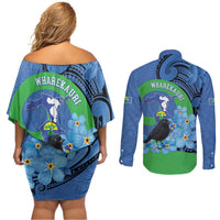 New Zealand Chatham Islands Couples Matching Off Shoulder Short Dress and Long Sleeve Button Shirt Wharekauri Forget Me Not With Black Robin