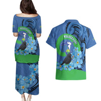 New Zealand Chatham Islands Couples Matching Puletasi and Hawaiian Shirt Wharekauri Forget Me Not With Black Robin