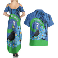 New Zealand Chatham Islands Couples Matching Summer Maxi Dress and Hawaiian Shirt Wharekauri Forget Me Not With Black Robin