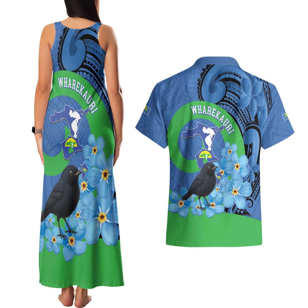 New Zealand Chatham Islands Couples Matching Tank Maxi Dress and Hawaiian Shirt Wharekauri Forget Me Not With Black Robin