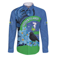 New Zealand Chatham Islands Family Matching Long Sleeve Bodycon Dress and Hawaiian Shirt Wharekauri Forget Me Not With Black Robin LT14 Dad's Shirt - Long Sleeve Blue - Polynesian Pride