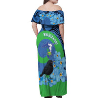 New Zealand Chatham Islands Family Matching Off Shoulder Maxi Dress and Hawaiian Shirt Wharekauri Forget Me Not With Black Robin