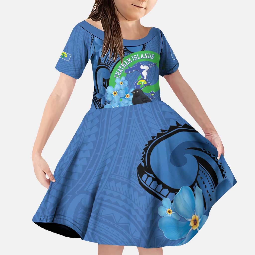 New Zealand Chatham Islands Family Matching Short Sleeve Bodycon Dress and Hawaiian Shirt Wharekauri Forget Me Not With Black Robin LT14 Daughter's Dress Blue - Polynesian Pride