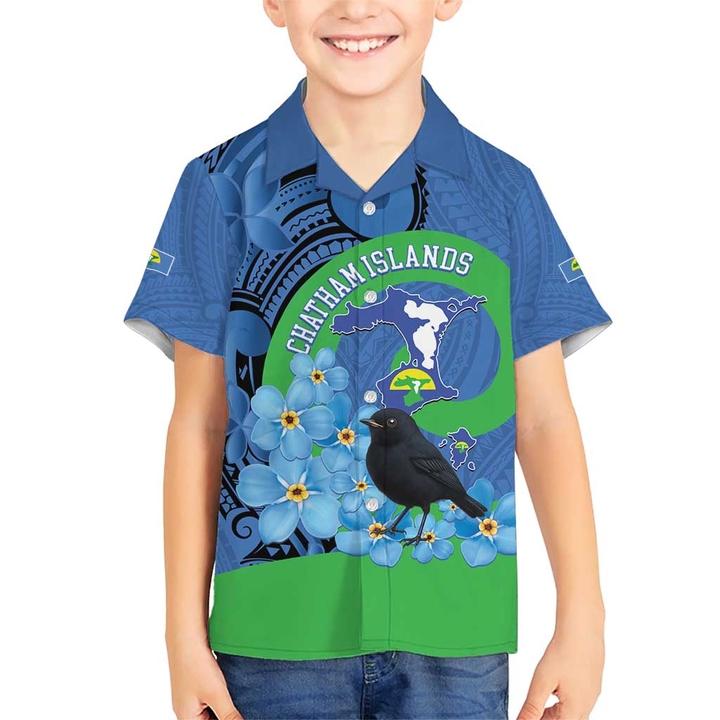 New Zealand Chatham Islands Family Matching Short Sleeve Bodycon Dress and Hawaiian Shirt Wharekauri Forget Me Not With Black Robin LT14 Son's Shirt Blue - Polynesian Pride