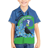 New Zealand Chatham Islands Family Matching Short Sleeve Bodycon Dress and Hawaiian Shirt Wharekauri Forget Me Not With Black Robin LT14 Son's Shirt Blue - Polynesian Pride