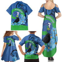 New Zealand Chatham Islands Family Matching Summer Maxi Dress and Hawaiian Shirt Wharekauri Forget Me Not With Black Robin