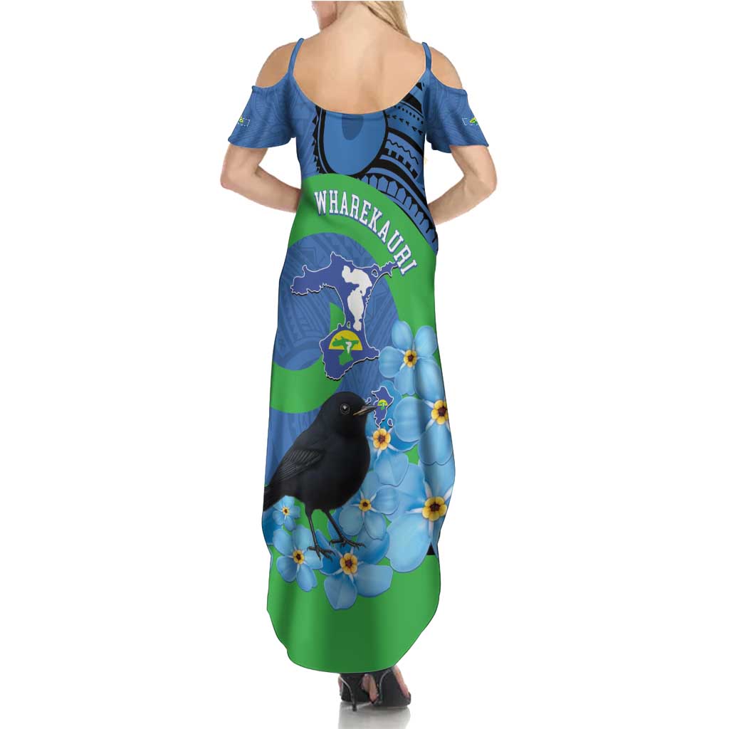 New Zealand Chatham Islands Family Matching Summer Maxi Dress and Hawaiian Shirt Wharekauri Forget Me Not With Black Robin