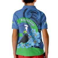 New Zealand Chatham Islands Kid Polo Shirt Wharekauri Forget Me Not With Black Robin