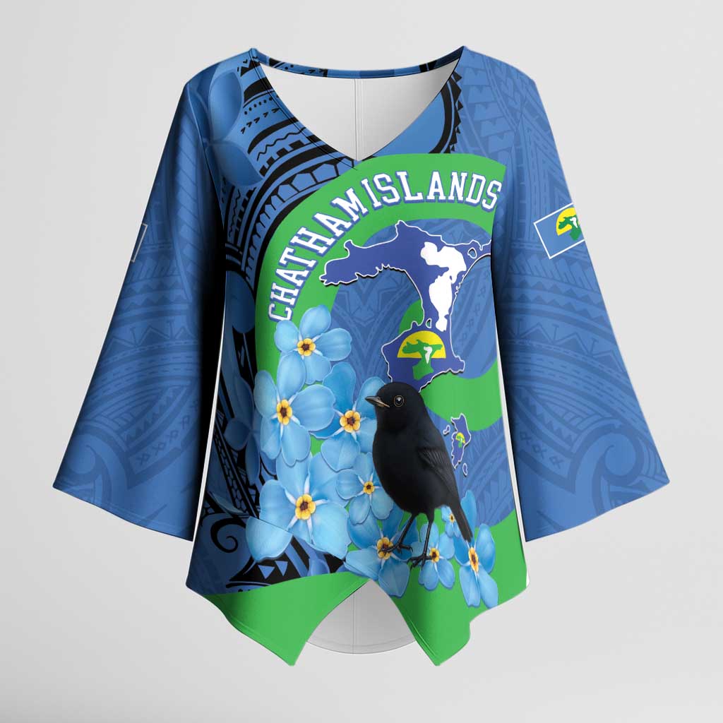 New Zealand Chatham Islands Kimono Sleeve Blouse Wharekauri Forget Me Not With Black Robin - Polynesian Pride