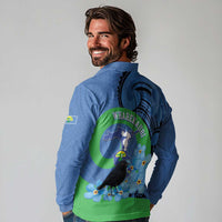New Zealand Chatham Islands Long Sleeve Polo Shirt Wharekauri Forget Me Not With Black Robin