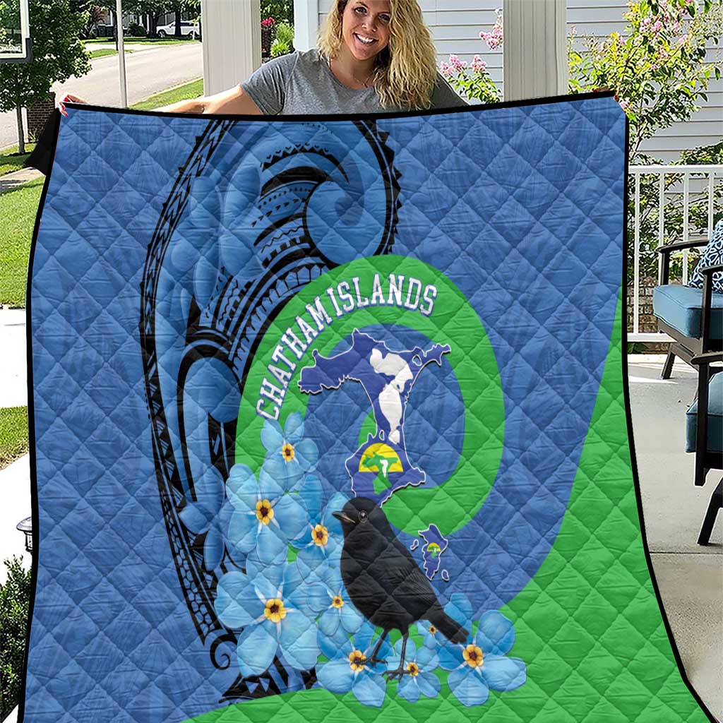 New Zealand Chatham Islands Quilt Wharekauri Forget Me Not With Black Robin LT14 Blue - Polynesian Pride