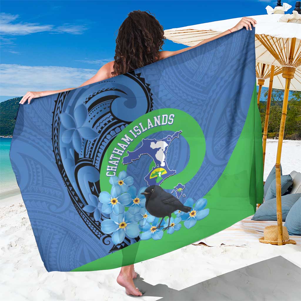New Zealand Chatham Islands Sarong Wharekauri Forget Me Not With Black Robin LT14 One Size 44 x 66 inches Blue - Polynesian Pride