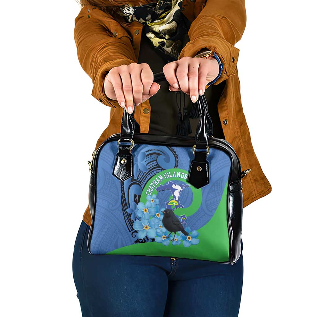 New Zealand Chatham Islands Shoulder Handbag Wharekauri Forget Me Not With Black Robin LT14 One Size Blue - Polynesian Pride