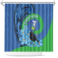 New Zealand Chatham Islands Shower Curtain Wharekauri Forget Me Not With Black Robin LT14 Blue - Polynesian Pride