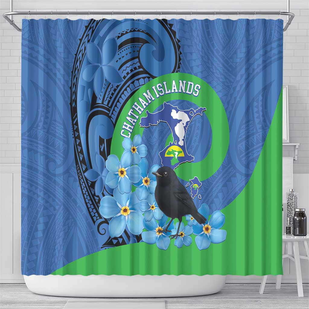 New Zealand Chatham Islands Shower Curtain Wharekauri Forget Me Not With Black Robin LT14 - Polynesian Pride