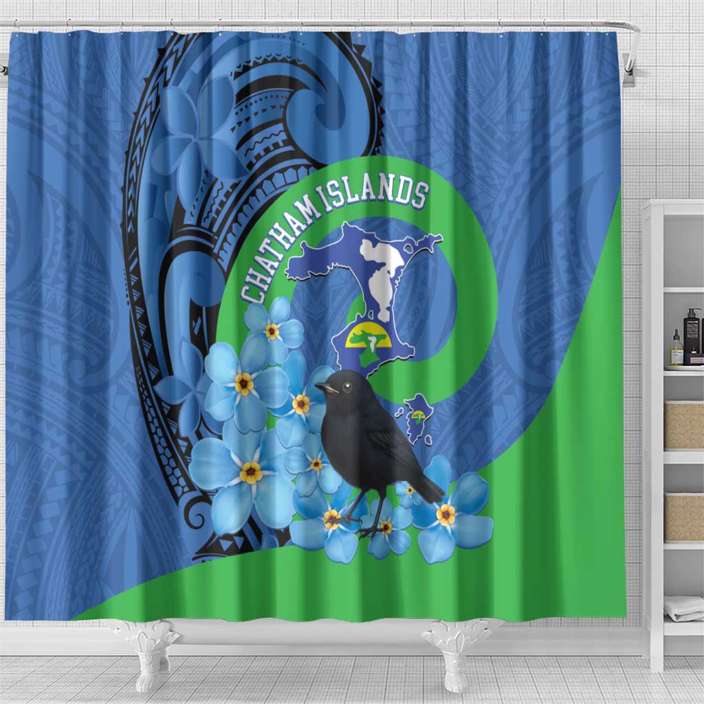 New Zealand Chatham Islands Shower Curtain Wharekauri Forget Me Not With Black Robin LT14 - Polynesian Pride
