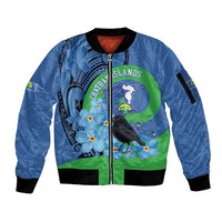 New Zealand Chatham Islands Sleeve Zip Bomber Jacket Wharekauri Forget Me Not With Black Robin LT14 Unisex Blue - Polynesian Pride
