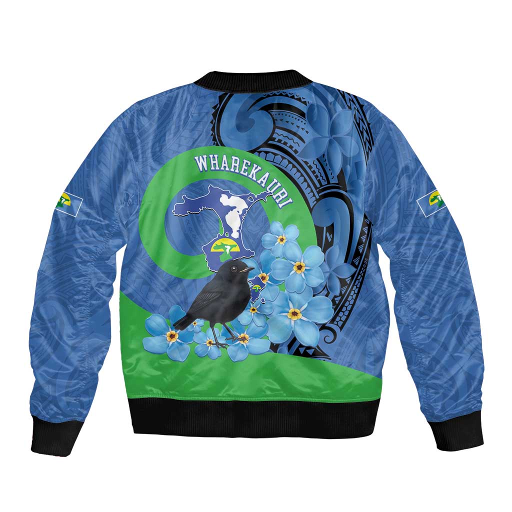 New Zealand Chatham Islands Sleeve Zip Bomber Jacket Wharekauri Forget Me Not With Black Robin LT14 - Polynesian Pride