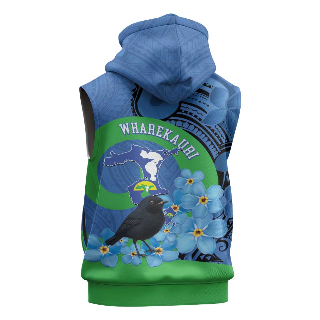 New Zealand Chatham Islands Sleeveless Hoodie Wharekauri Forget Me Not With Black Robin - Polynesian Pride