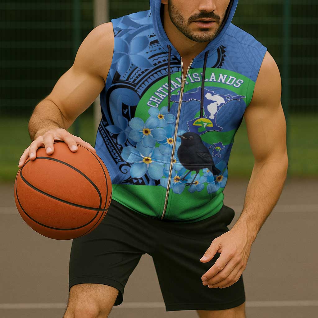 New Zealand Chatham Islands Sleeveless Zip Hoodie Wharekauri Forget Me Not With Black Robin - Polynesian Pride