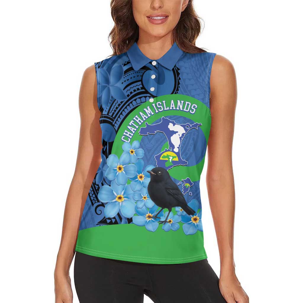 New Zealand Chatham Islands Women Sleeveless Polo Shirt Wharekauri Forget Me Not With Black Robin