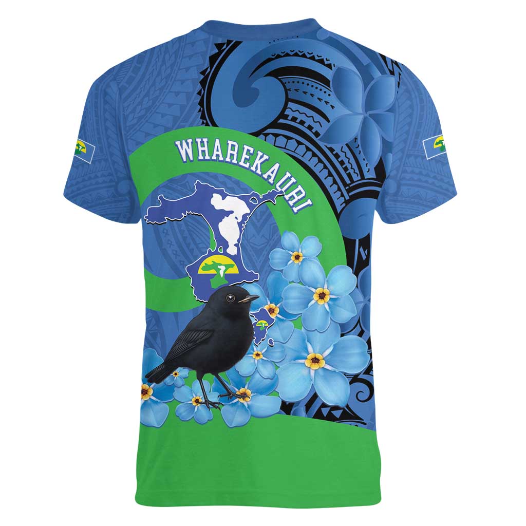 New Zealand Chatham Islands Women V-Neck T-Shirt Wharekauri Forget Me Not With Black Robin