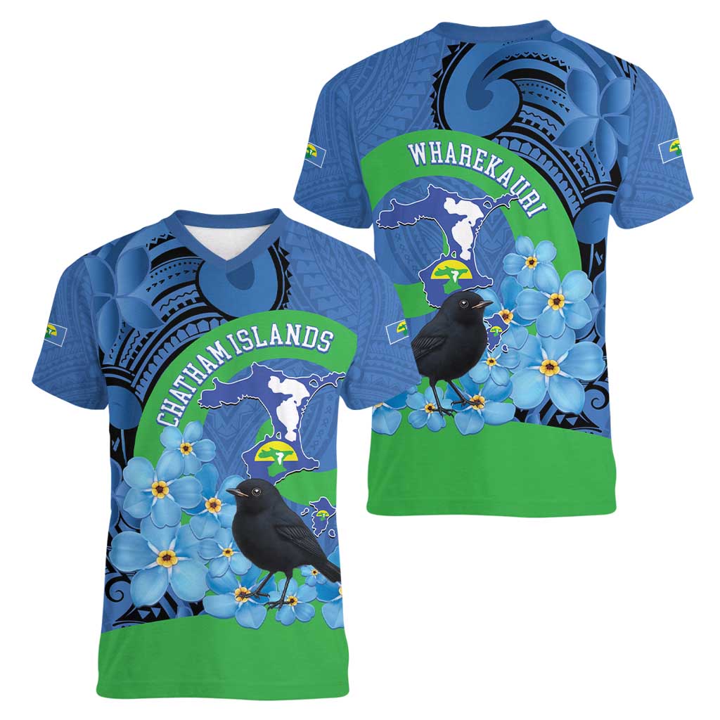 New Zealand Chatham Islands Women V-Neck T-Shirt Wharekauri Forget Me Not With Black Robin
