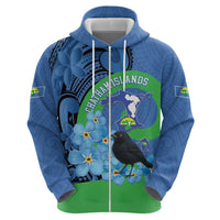 New Zealand Chatham Islands Zip Hoodie Wharekauri Forget Me Not With Black Robin LT14 - Polynesian Pride
